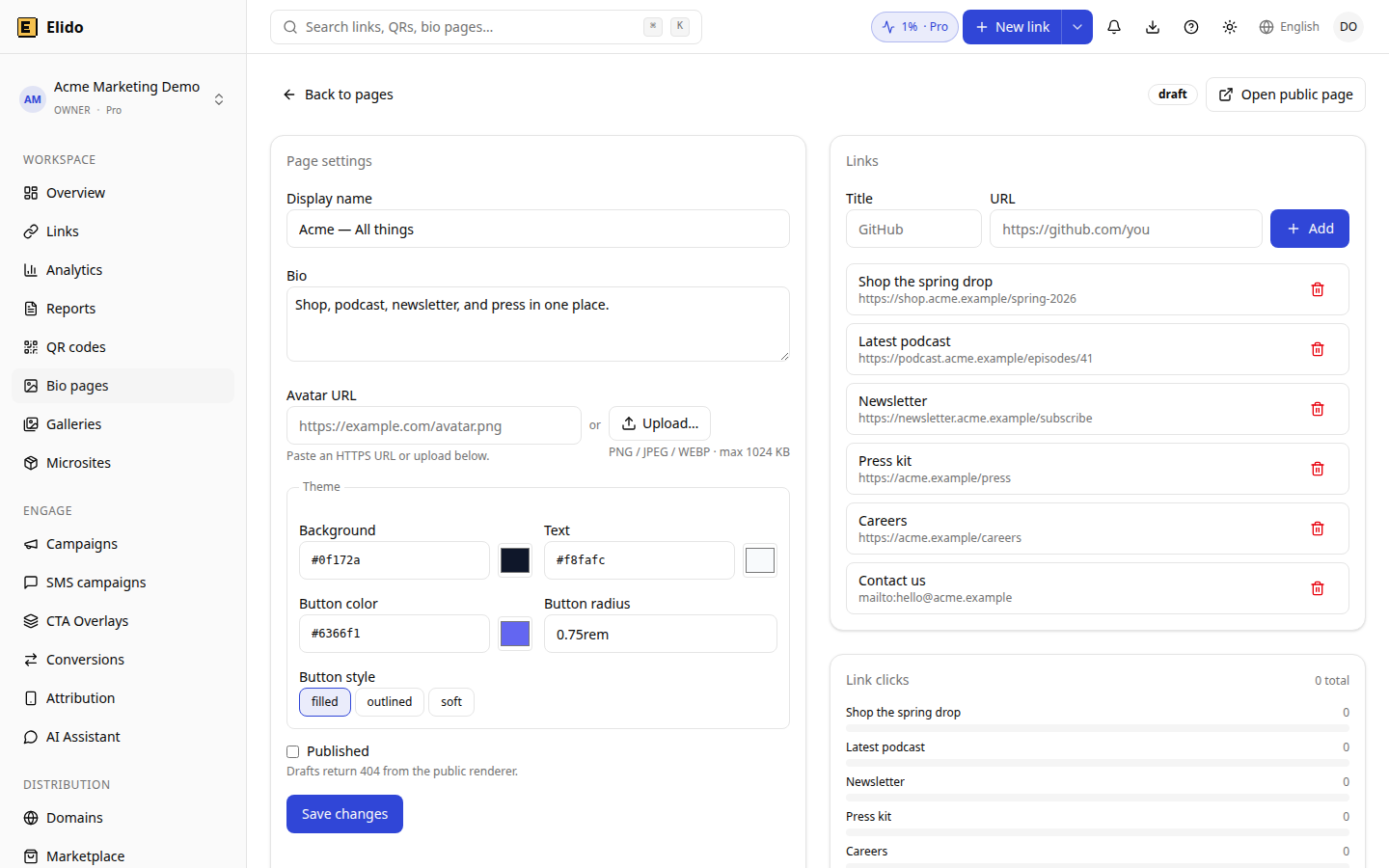 Elido bio page editor in a demo workspace: page settings with theme colors and button styles on the left, a link list on the right