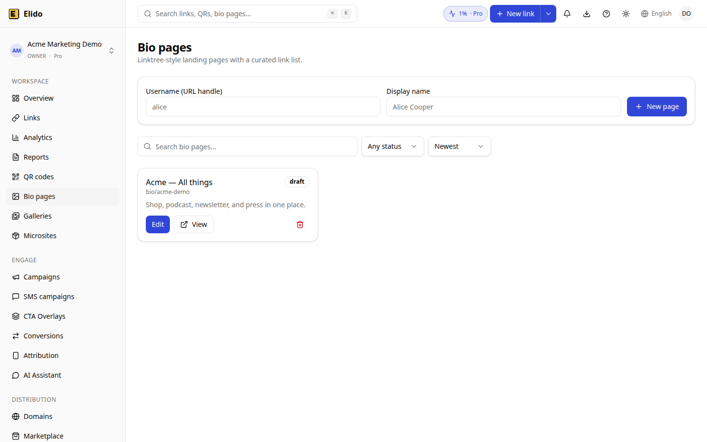 Elido bio pages list in a demo workspace showing one draft page with Edit and View buttons