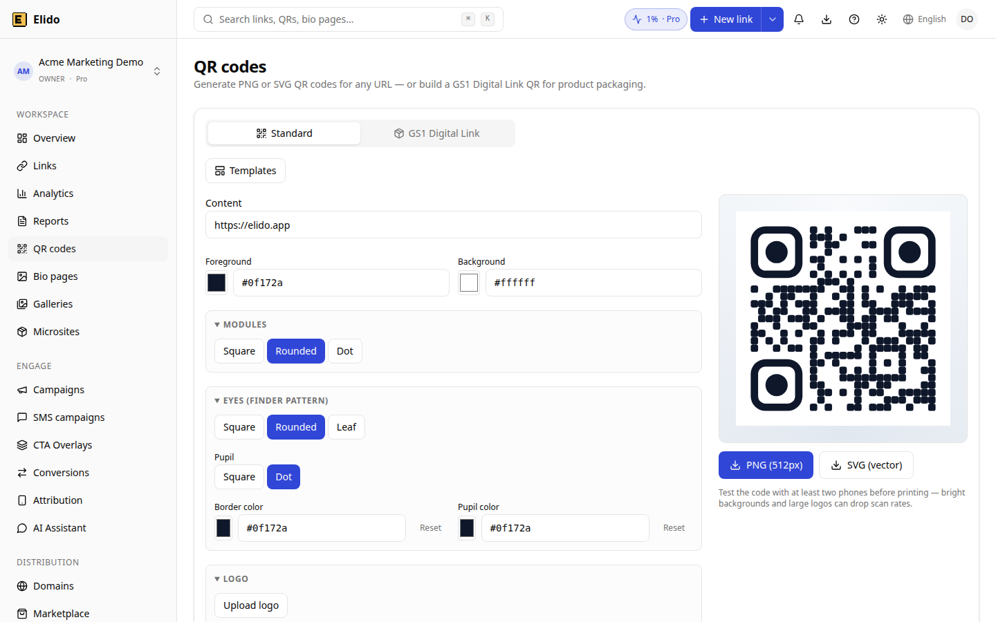 Der Elido-QR-Designer in einem Demo-Workspace: Vorder- und Hintergrundfarben, Modul- und Augenstile, Logo-Upload und Download als PNG und SVG