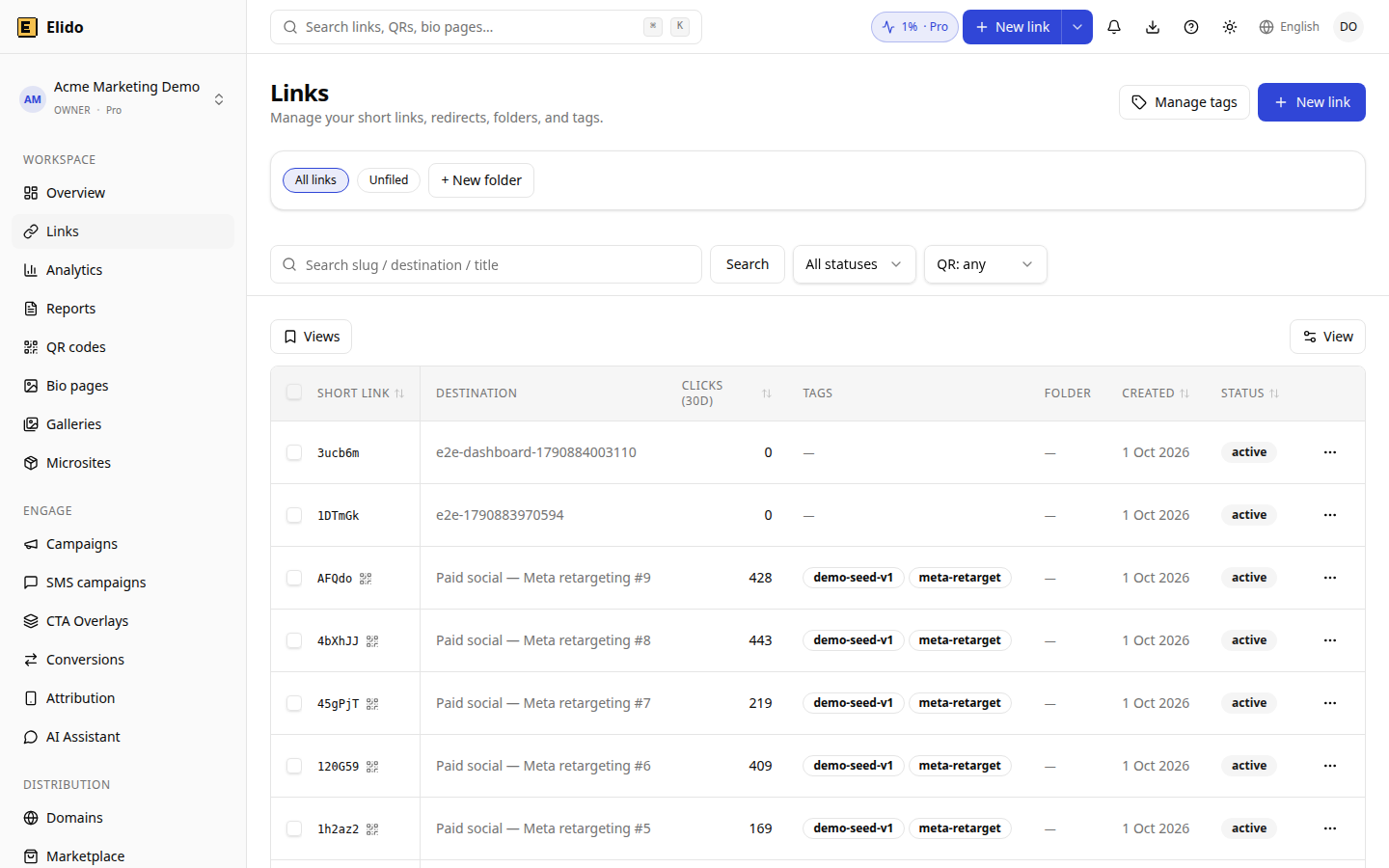 Lista de links do Elido em um workspace de demonstração, com links curtos, destinos, cliques e colunas de tags, onde os links importados do Dub podem ser filtrados pela tag imported:dub