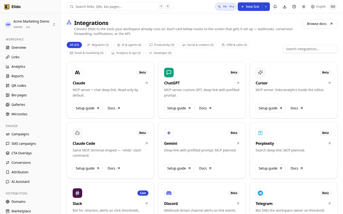Strona integracji w dashboardzie Elido w demonstracyjnym workspace, z której uruchamia się źródła migracji
