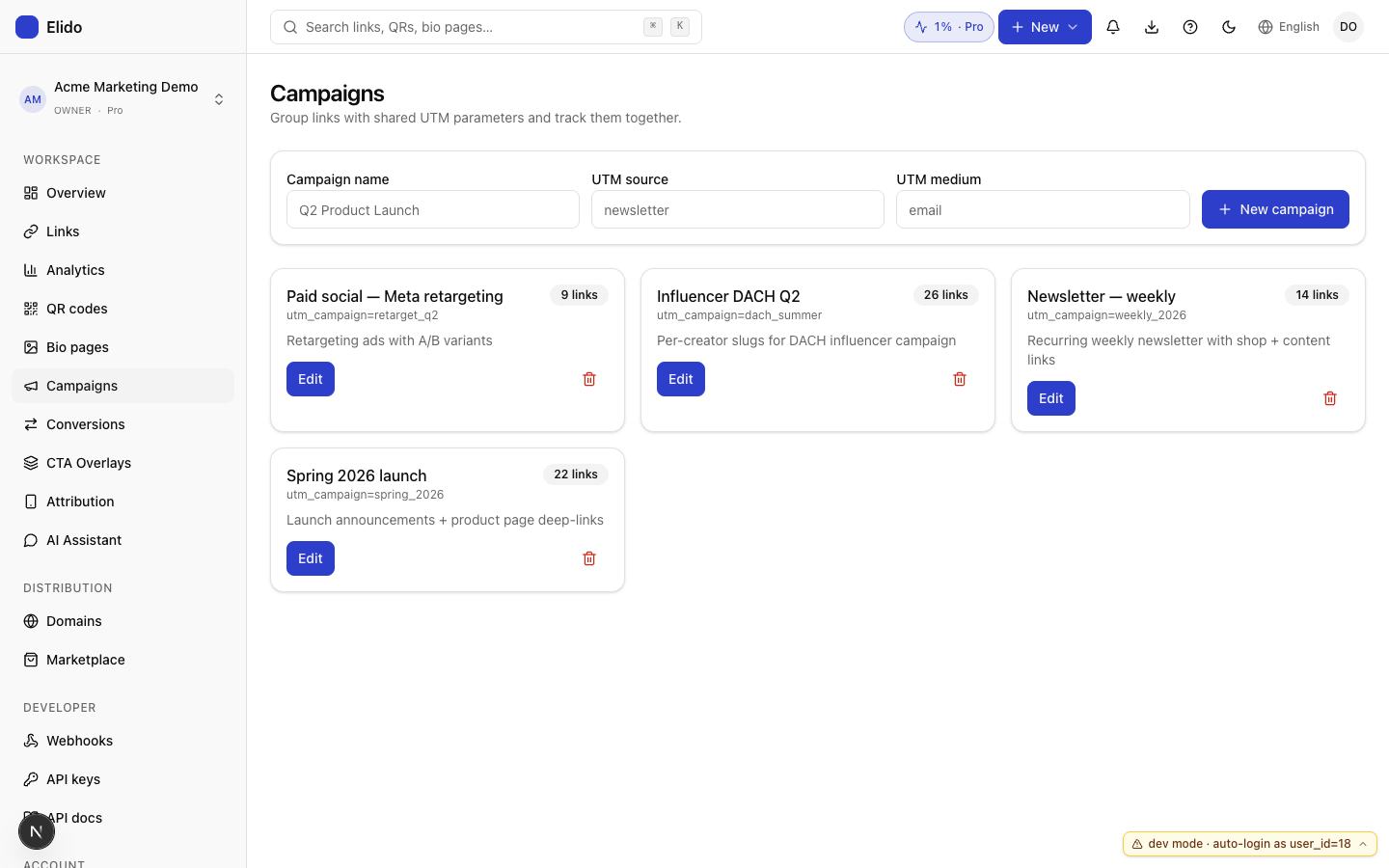 Campaigns page in the Elido dashboard, four campaigns with their UTM defaults filled in: Spring 2026 launch (newsletter / email), Newsletter weekly, Influencer DACH Q2 (creator / partner), Paid social Meta retargeting