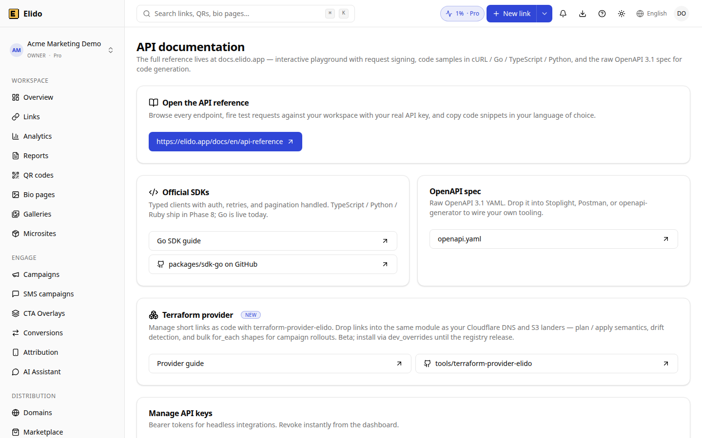 API-documentatiepagina in het Elido-dashboard met links naar de API-referentie, SDK's, de OpenAPI-spec en het beheer van API-sleutels